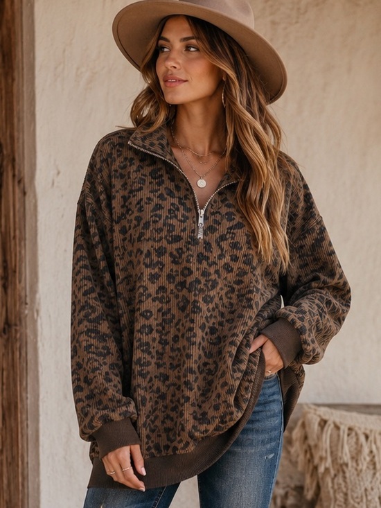 Tops - Boho oversized Leopard Print Quarter-Zip Pullover Size Large